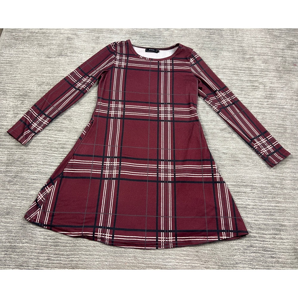 MIROL Dress Womens Small Burgundy Plaid A-Line Long Sleeve Crew Neck Stretch